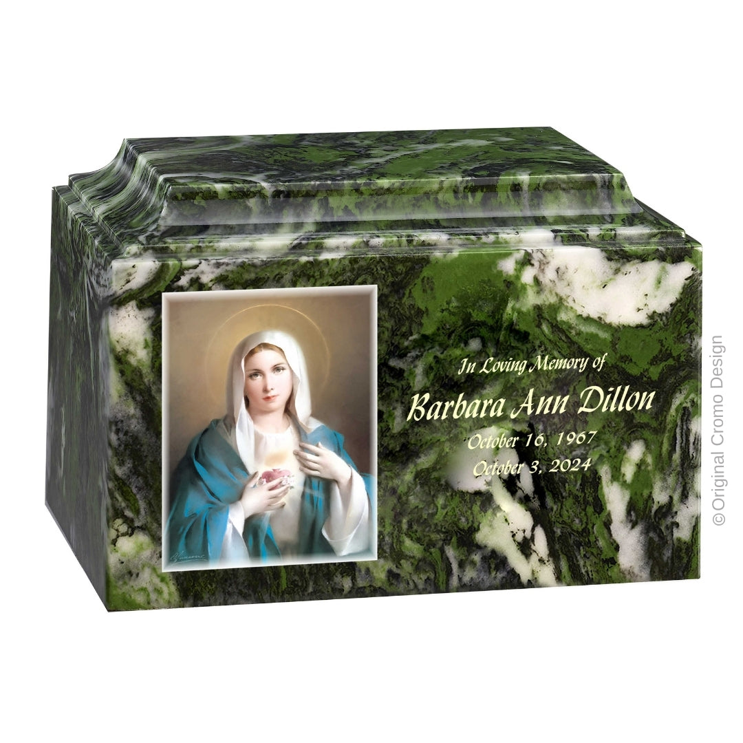Catholic cremation urn with Immaculate Heart of Mary  Wood finish by Cromo NB