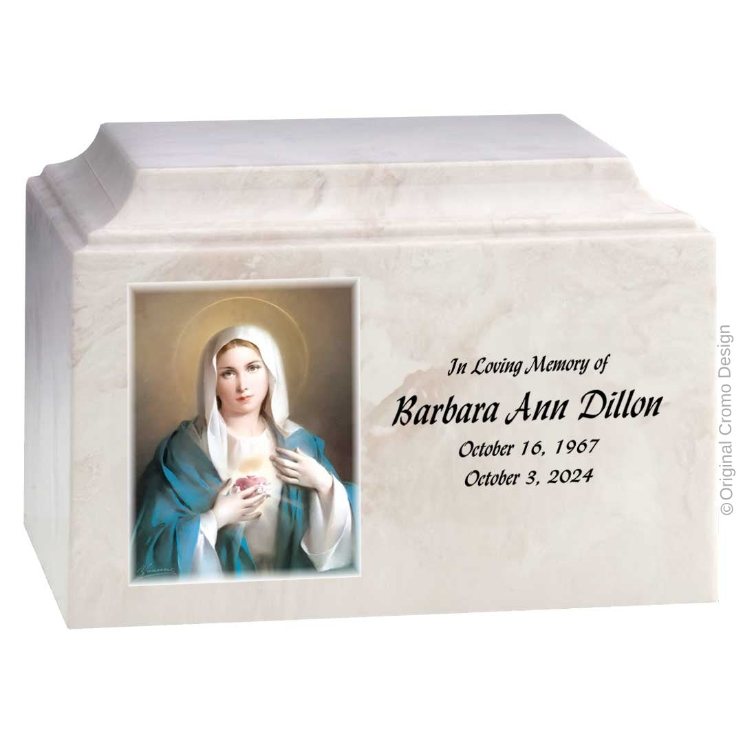 Catholic cremation urn with Immaculate Heart of Mary  Wood finish by Cromo NB