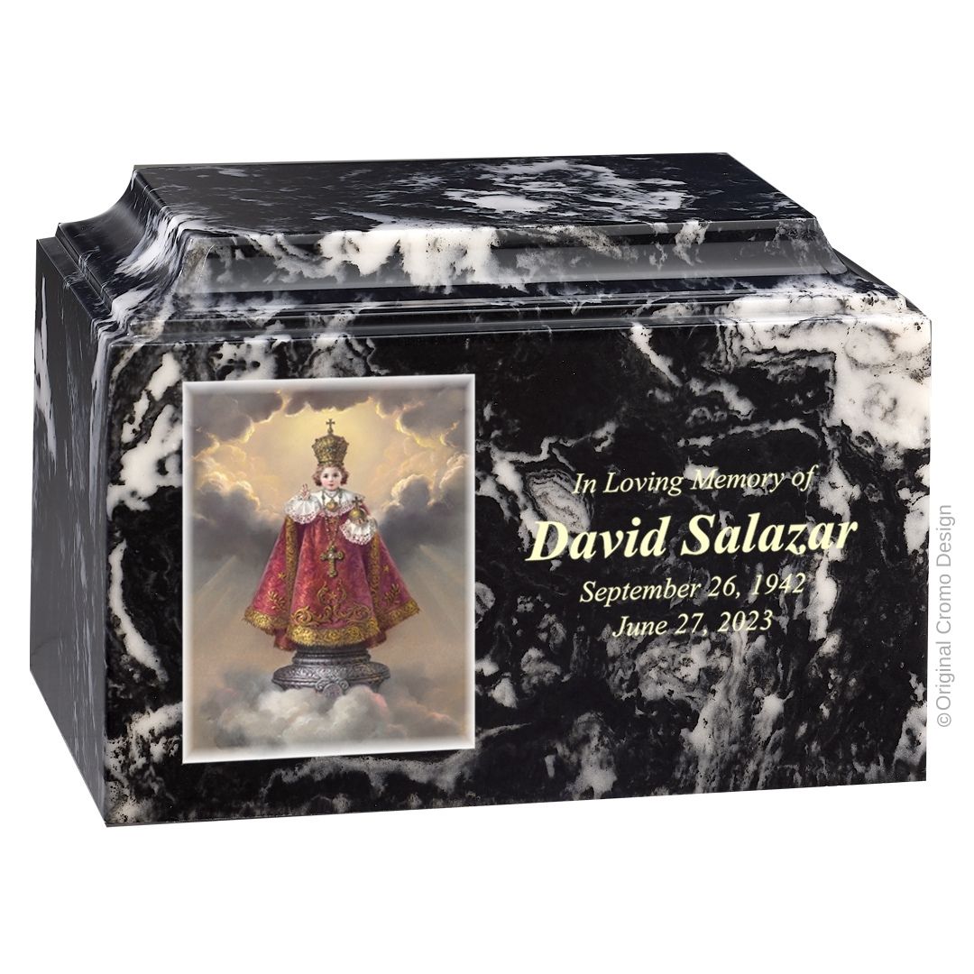 Catholic cremation urn with Infant of Prague  Wood finish by Cromo NB