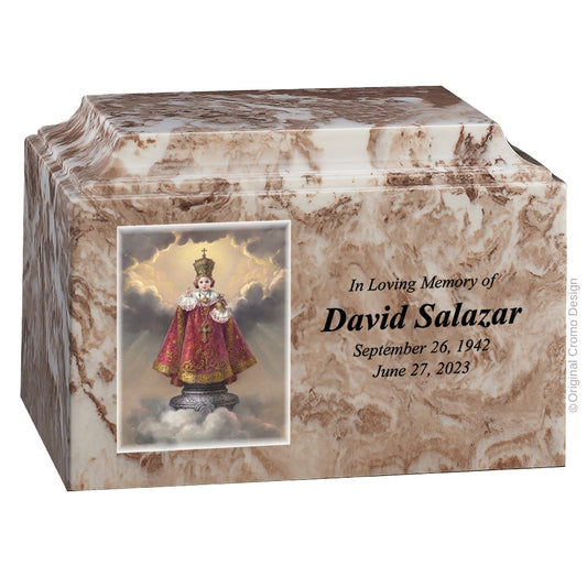 Catholic cremation urn with Infant of Prague  Wood finish by Cromo NB