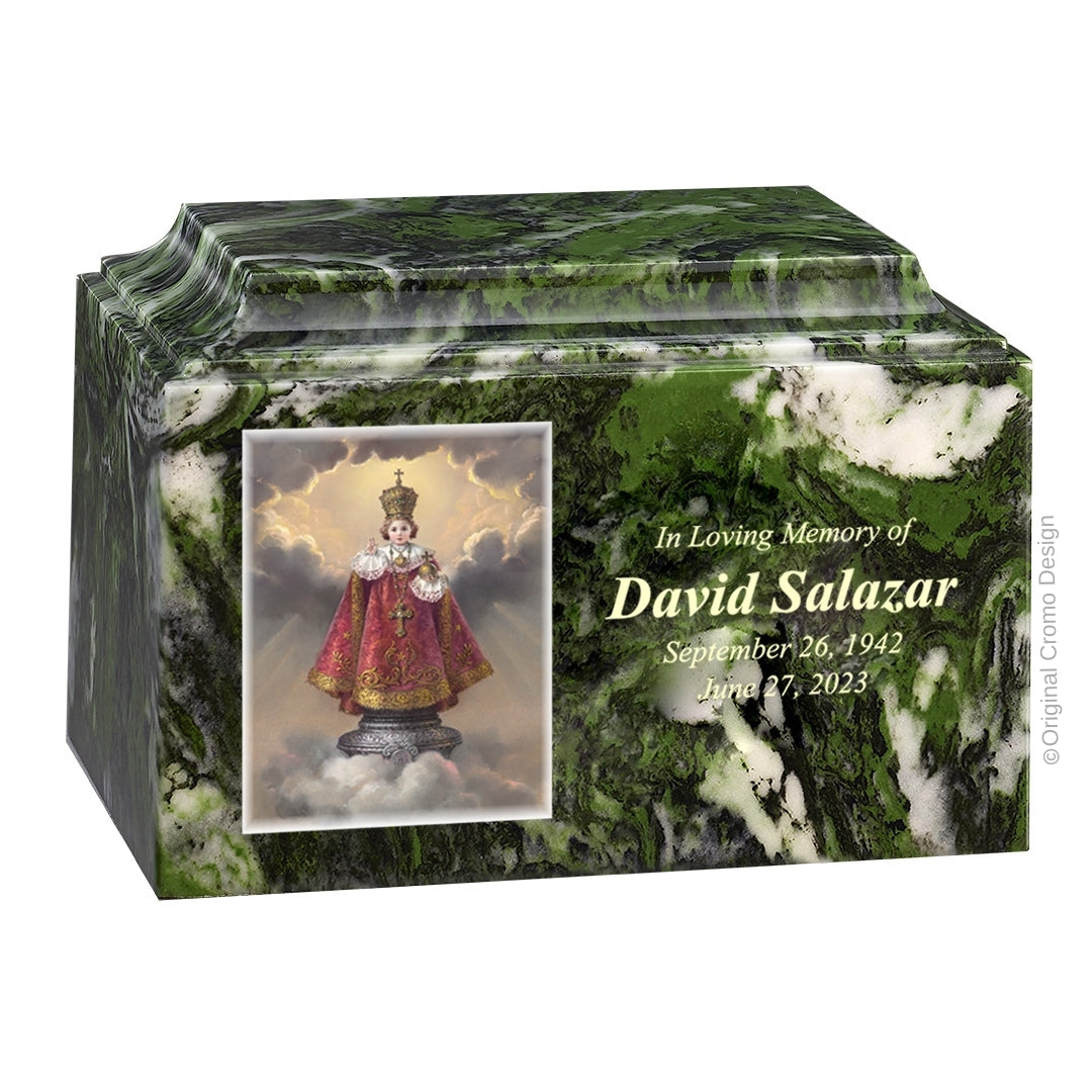 Catholic cremation urn with Infant of Prague  Wood finish by Cromo NB
