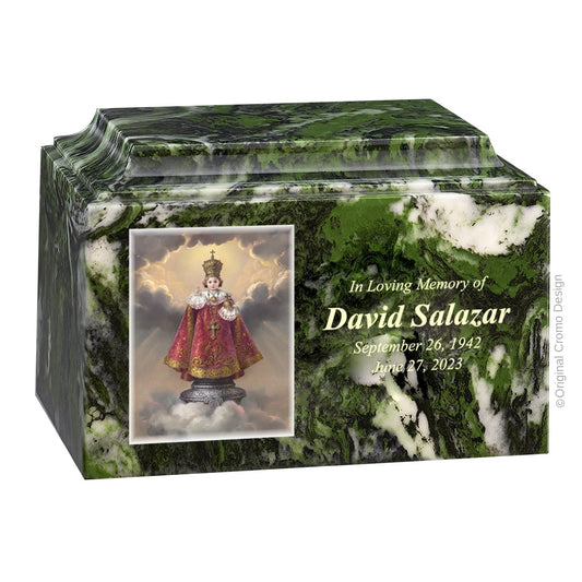 Catholic cremation urn with Infant of Prague  Wood finish by Cromo NB