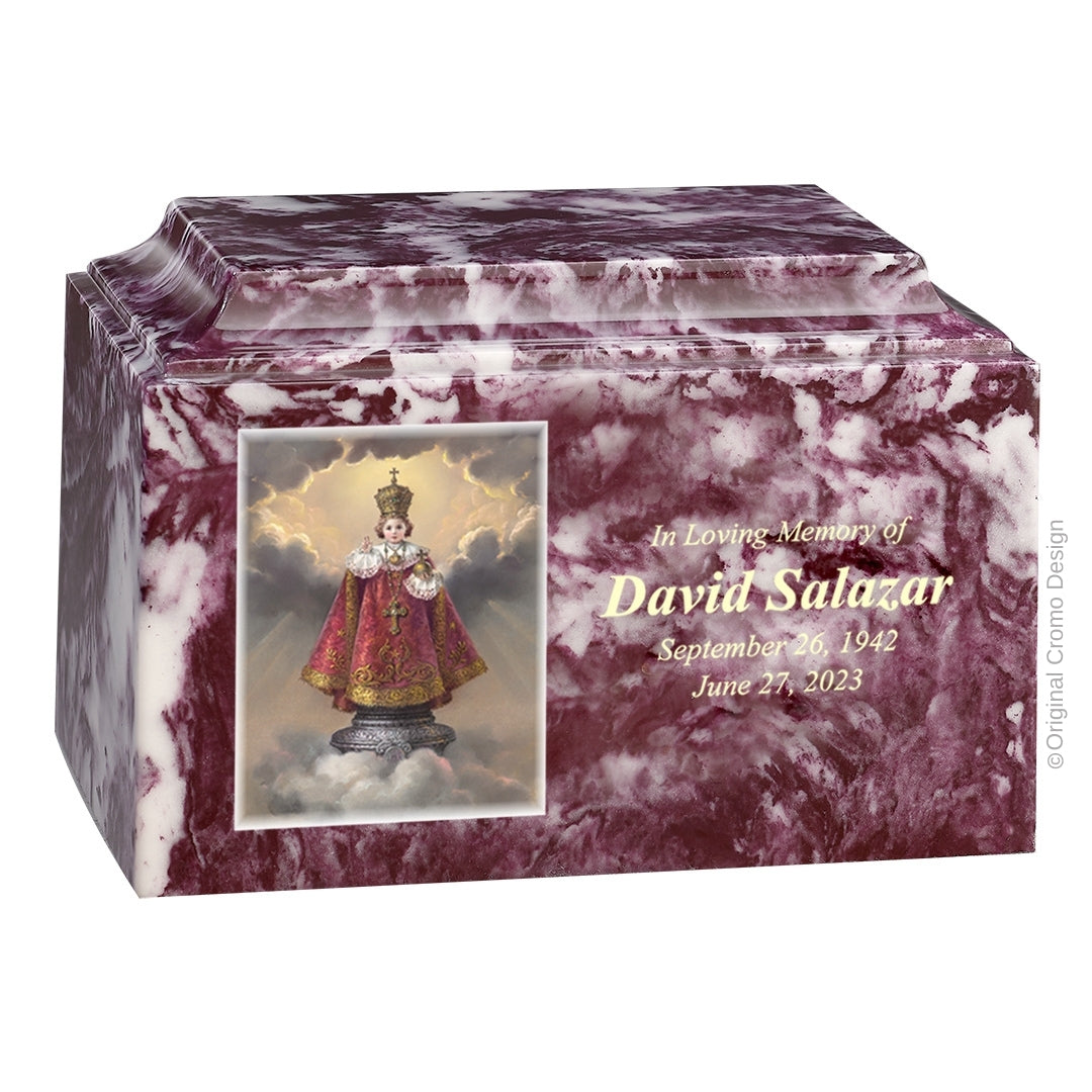 Catholic cremation urn with Infant of Prague  Wood finish by Cromo NB