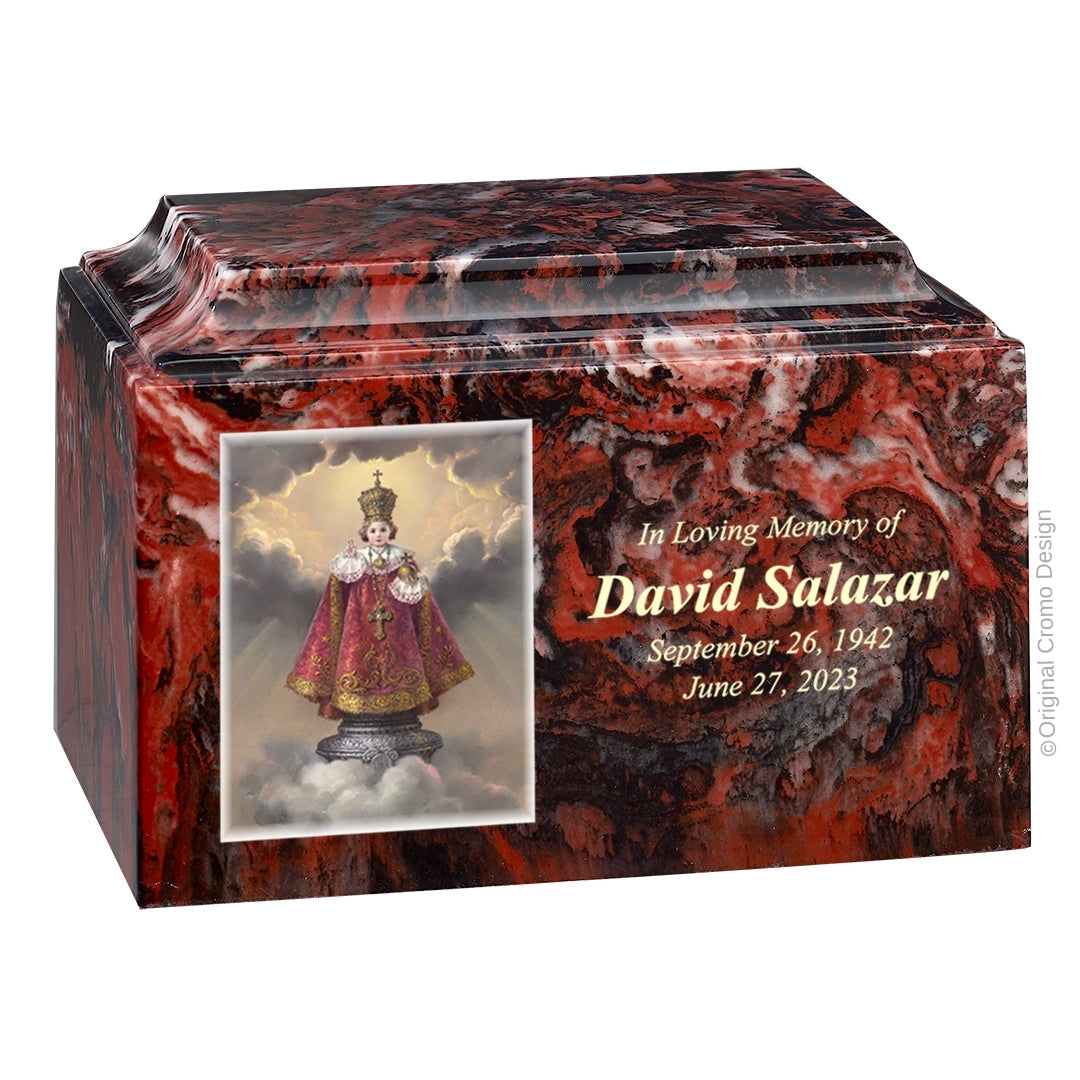 Catholic cremation urn with Infant of Prague  Wood finish by Cromo NB