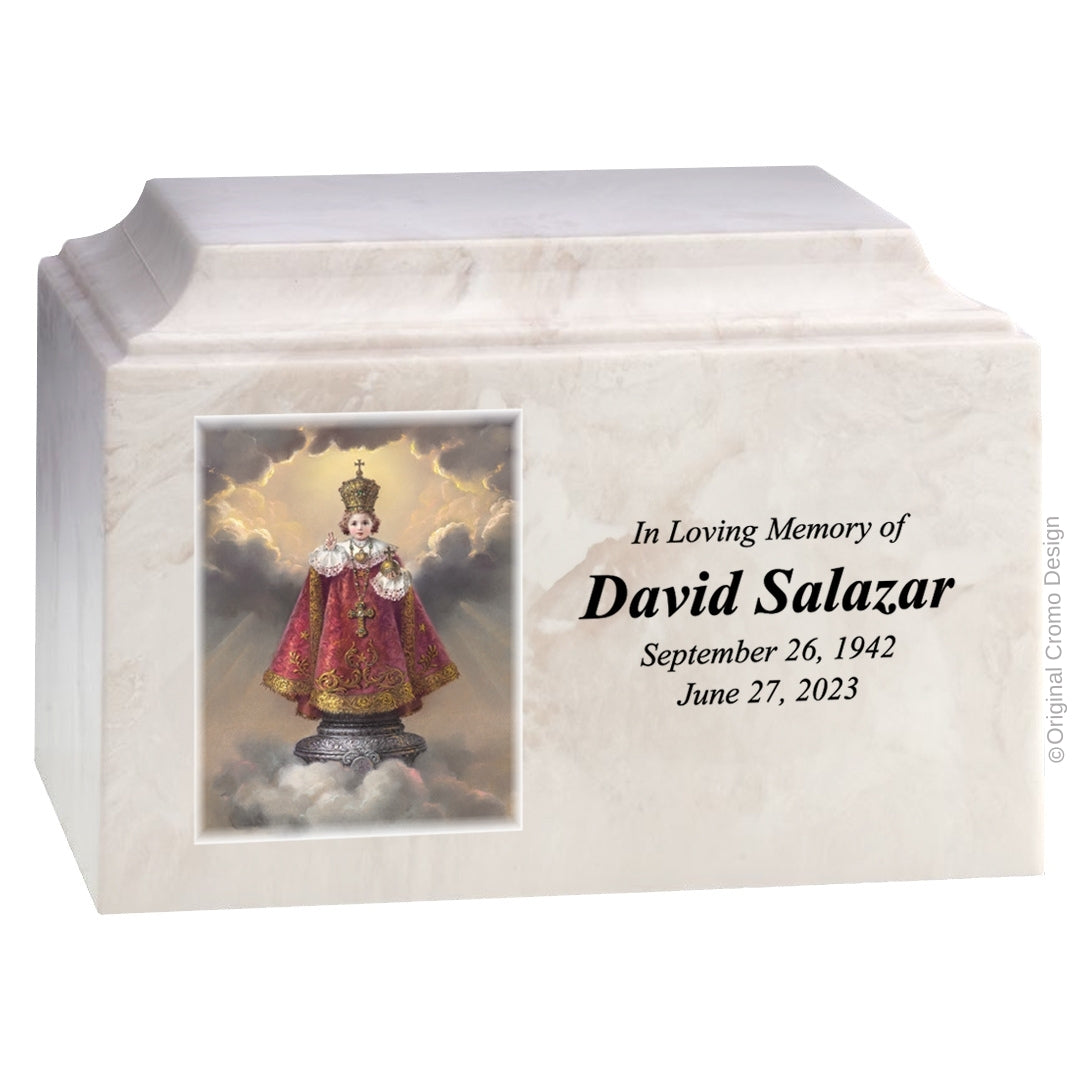 Catholic cremation urn with Infant of Prague  Wood finish by Cromo NB