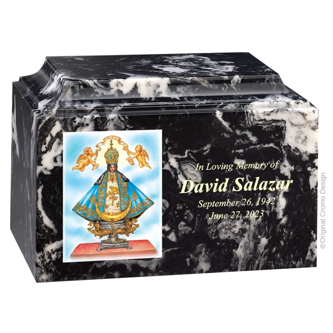 Catholic cremation urn with Our Lady of San Juan de Lagos  Wood finish by Cromo NB