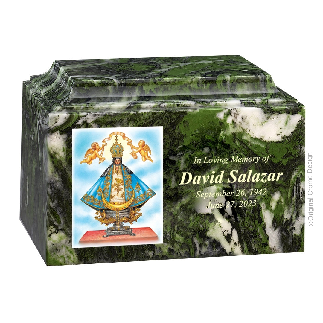 Catholic cremation urn with Our Lady of San Juan de Lagos  Wood finish by Cromo NB