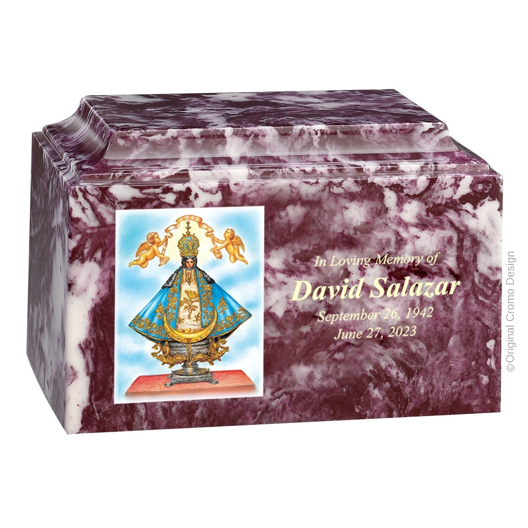 Catholic cremation urn with Our Lady of San Juan de Lagos  Wood finish by Cromo NB