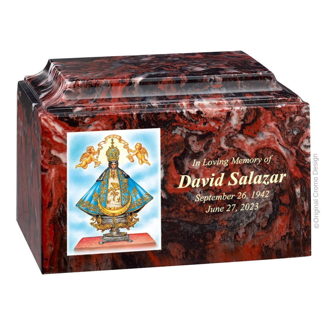 Catholic cremation urn with Our Lady of San Juan de Lagos  Wood finish by Cromo NB