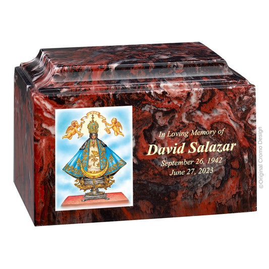 Catholic cremation urn with Our Lady of San Juan de Lagos  Wood finish by Cromo NB