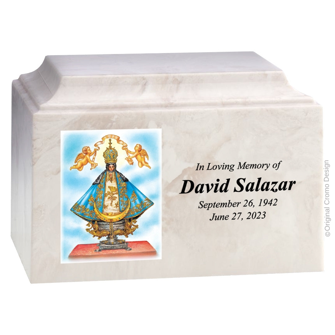 Catholic cremation urn with Our Lady of San Juan de Lagos  Wood finish by Cromo NB