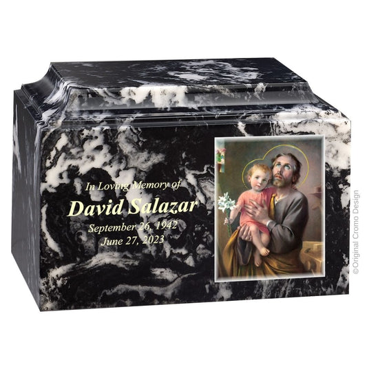 Catholic cremation urn with Saint Joseph  Wood finish by Cromo NB