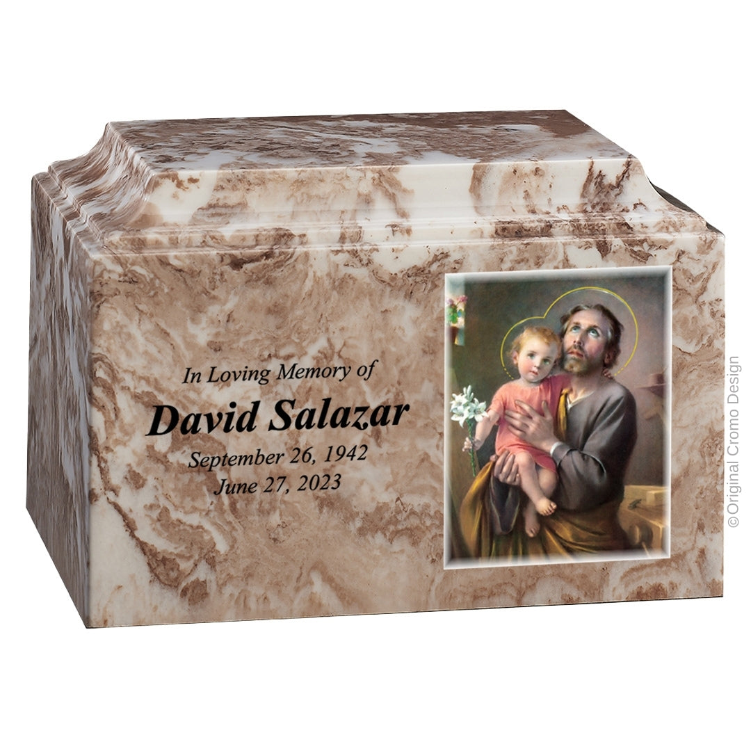Catholic cremation urn with Saint Joseph  Wood finish by Cromo NB