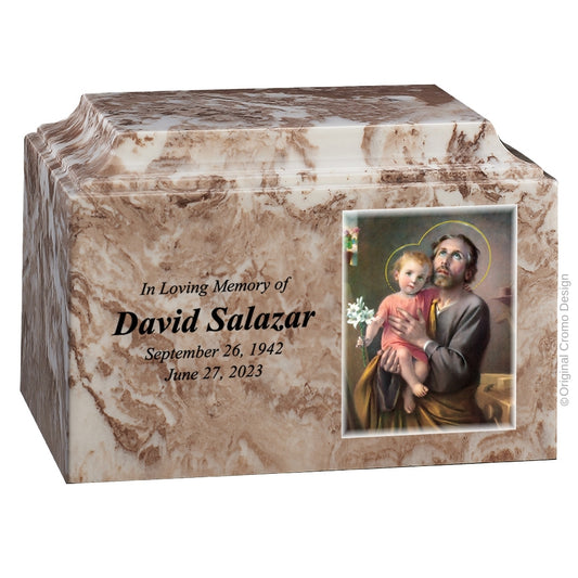 Catholic cremation urn with Saint Joseph  Wood finish by Cromo NB