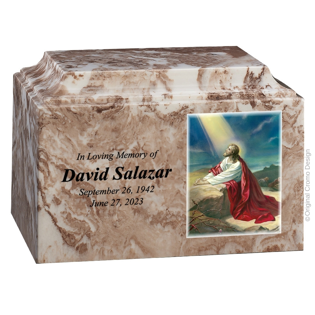 Catholic cremation urn with Jesus Praying  Wood finish by Cromo NB