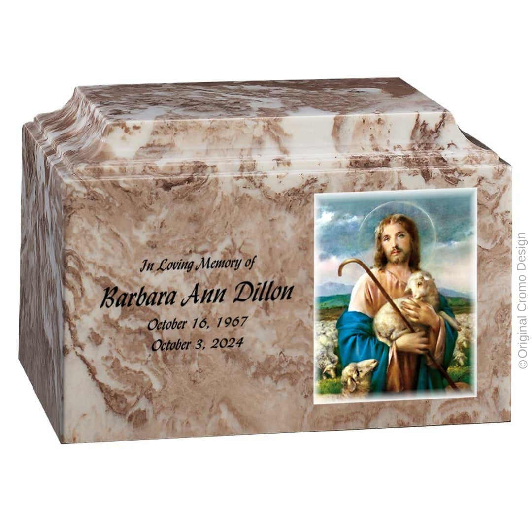 Catholic cremation urn with Jesus Shepherd  Wood finish by Cromo NB