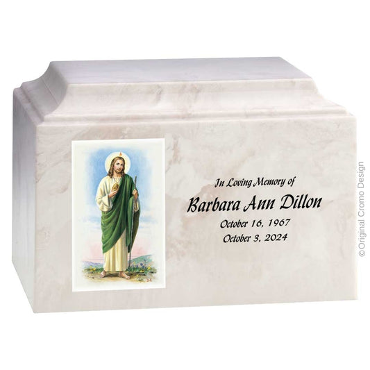 Catholic cremation urn with Jesus Shepherd  Wood finish by Cromo NB