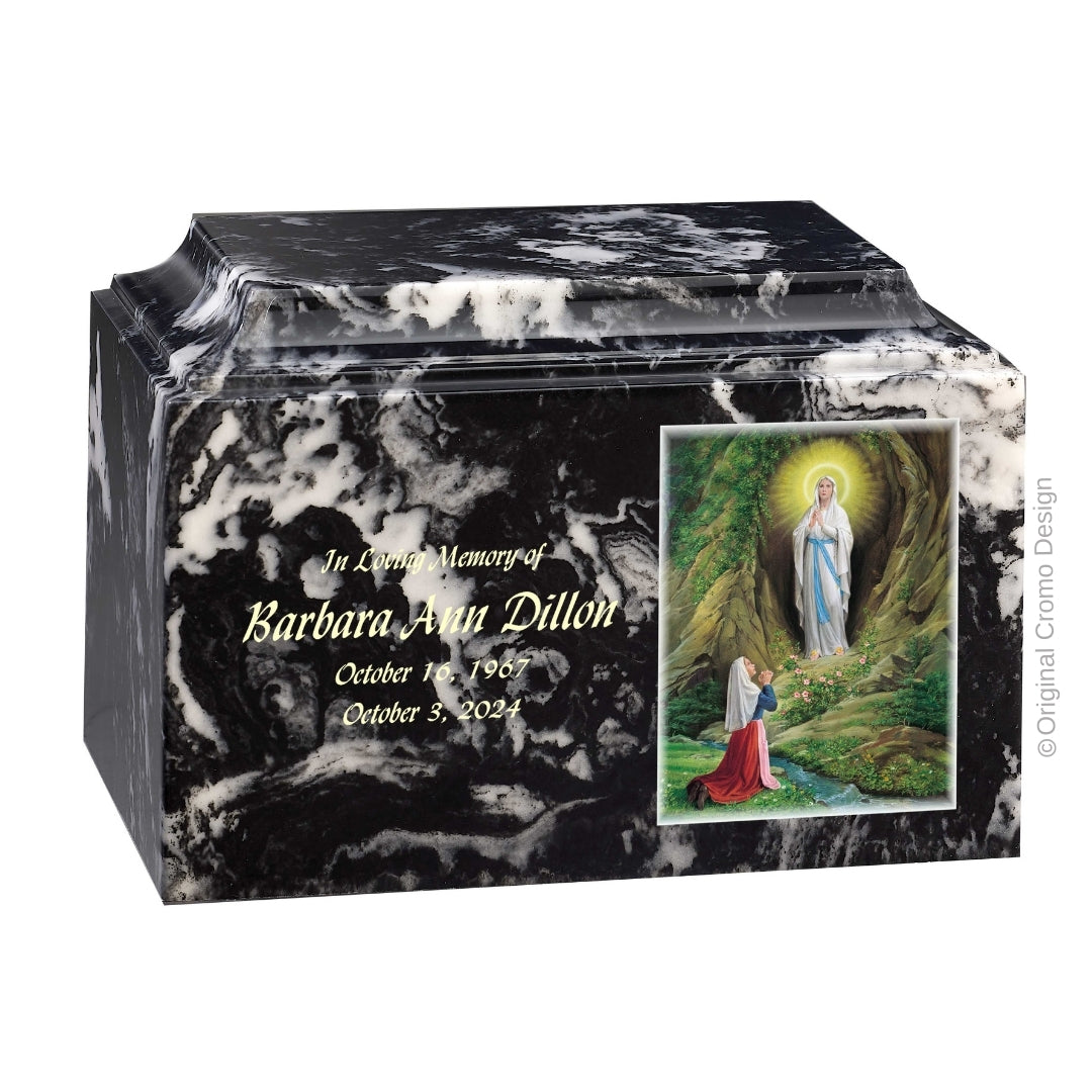 Catholic cremation urn with Our Lady of Lourdes  Wood finish by Cromo NB