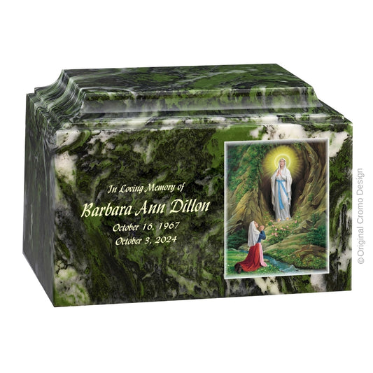 Catholic cremation urn with Our Lady of Lourdes  Wood finish by Cromo NB