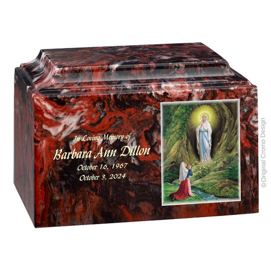 Catholic cremation urn with Our Lady of Lourdes  Wood finish by Cromo NB
