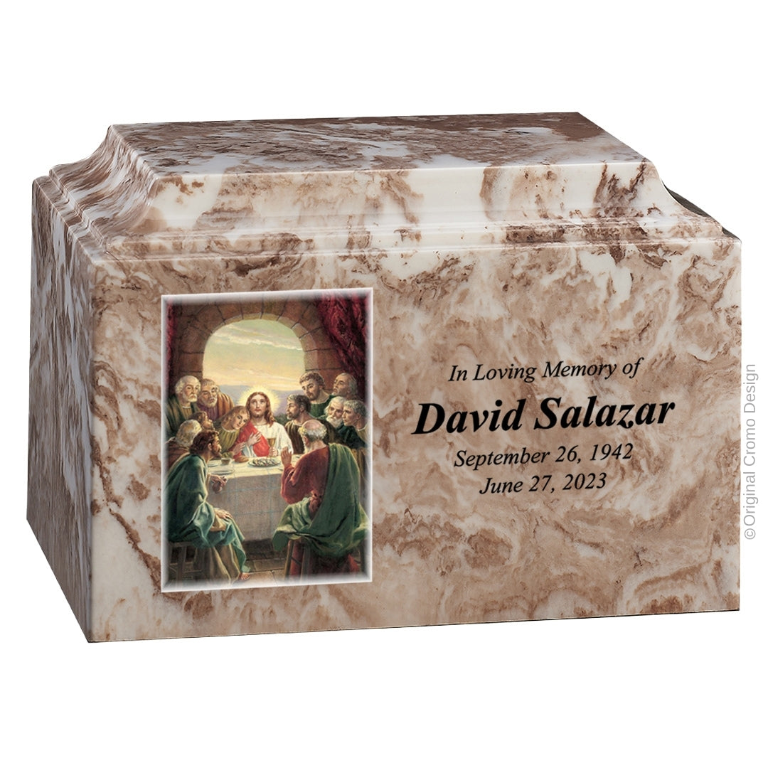 Catholic cremation urn with Last Supper  Wood finish by Cromo NB