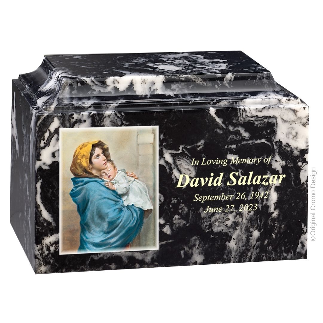 Catholic cremation urn with Madonna of The Street  Wood finish by Cromo NB