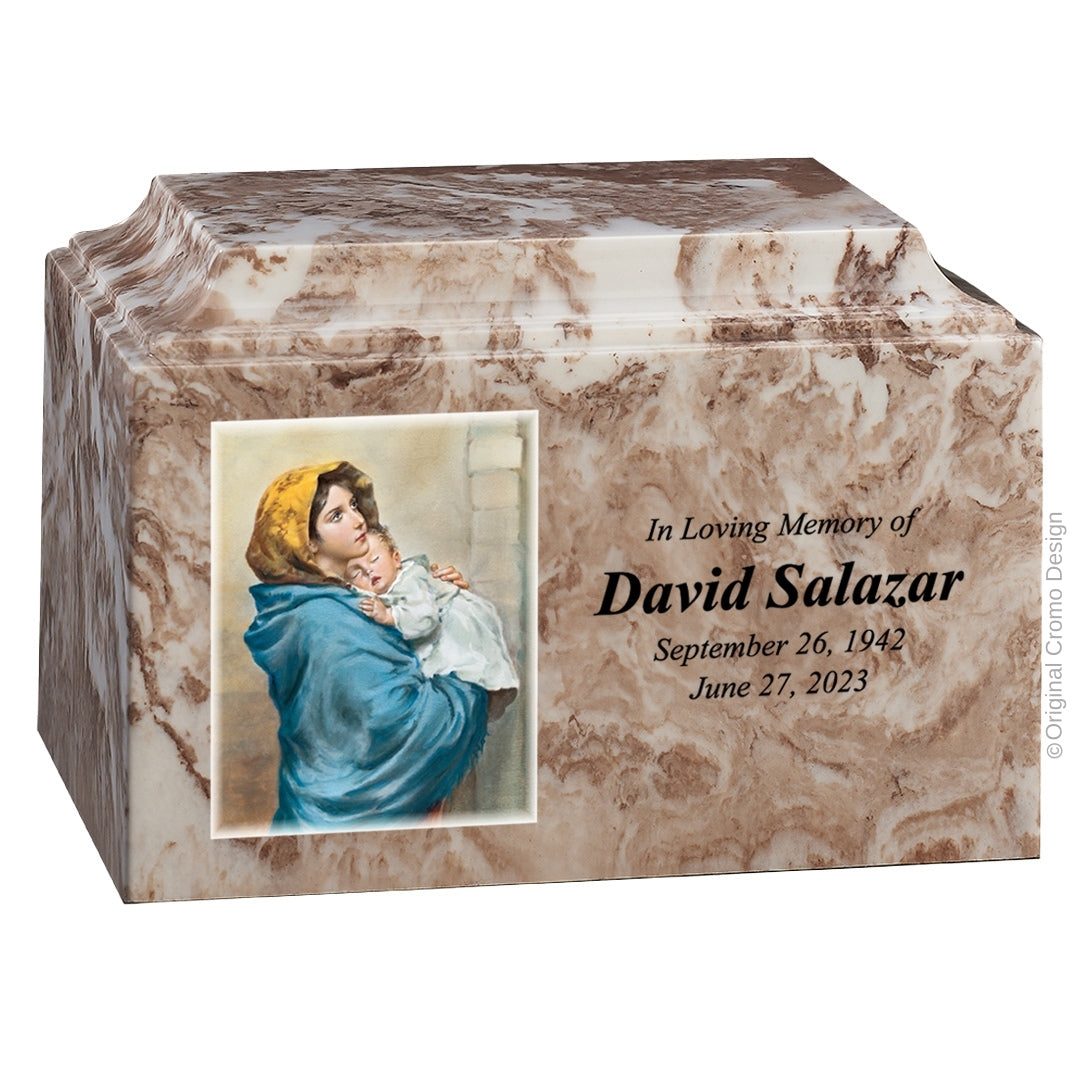 Catholic cremation urn with Madonna of The Street  Wood finish by Cromo NB