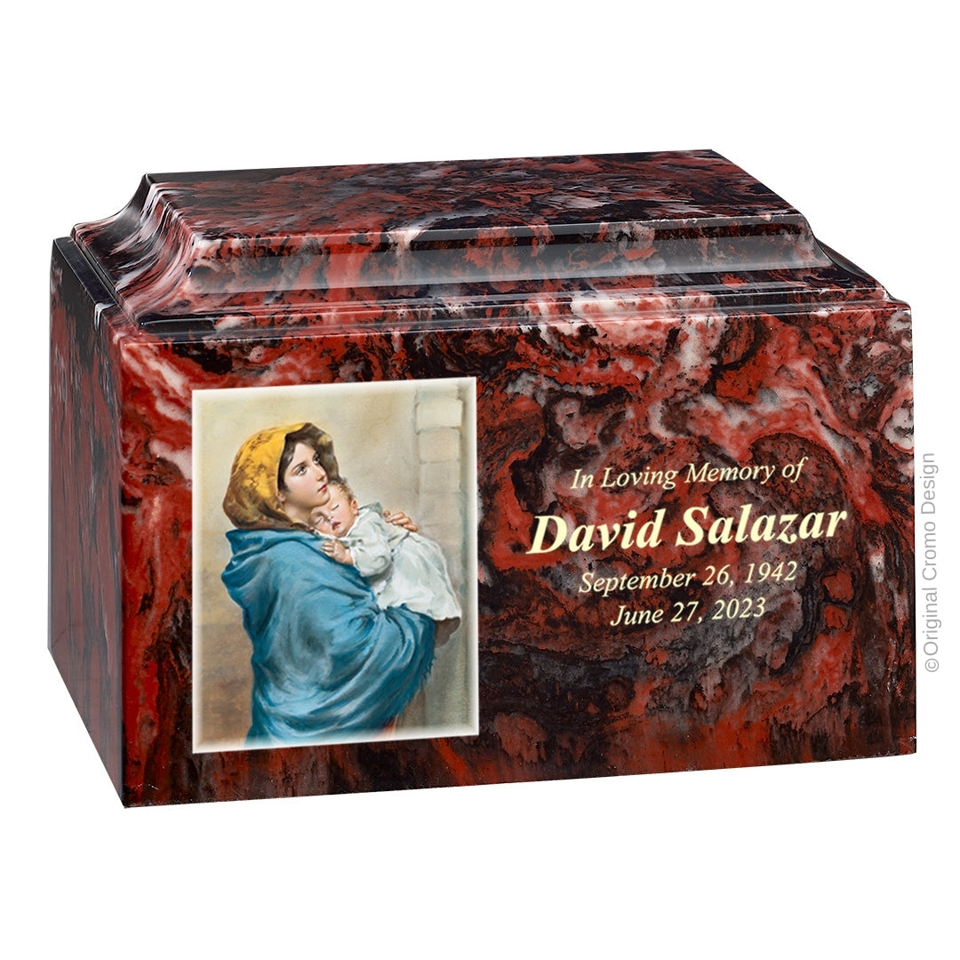Catholic cremation urn with Madonna of The Street  Wood finish by Cromo NB
