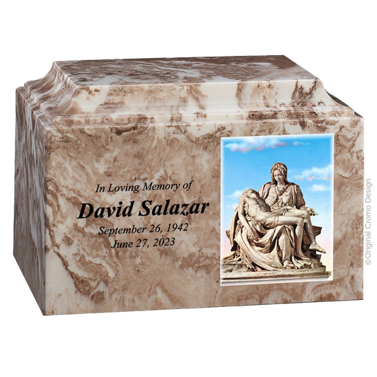Catholic cremation urn with Pieta Michelangelo  Wood finish by Cromo NB