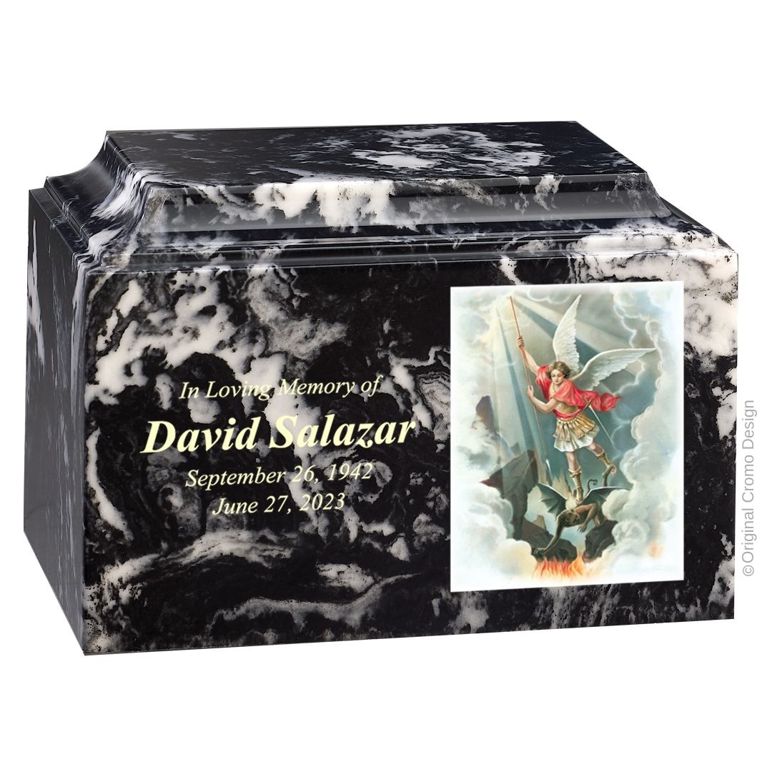 Catholic cremation urn with Saint Michael Archangel  Wood finish by Cromo NB