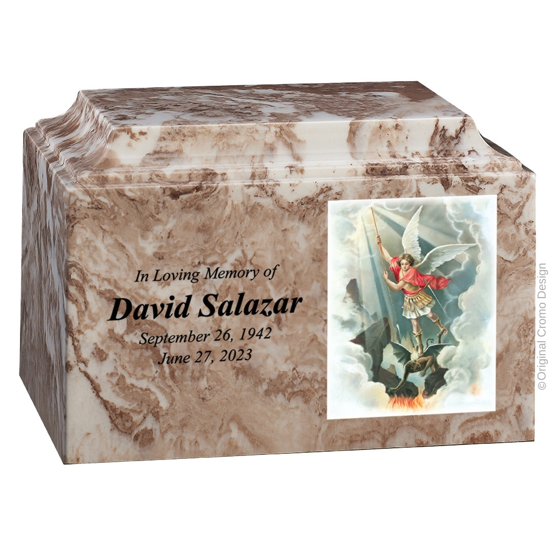 Catholic cremation urn with Saint Michael Archangel  Wood finish by Cromo NB