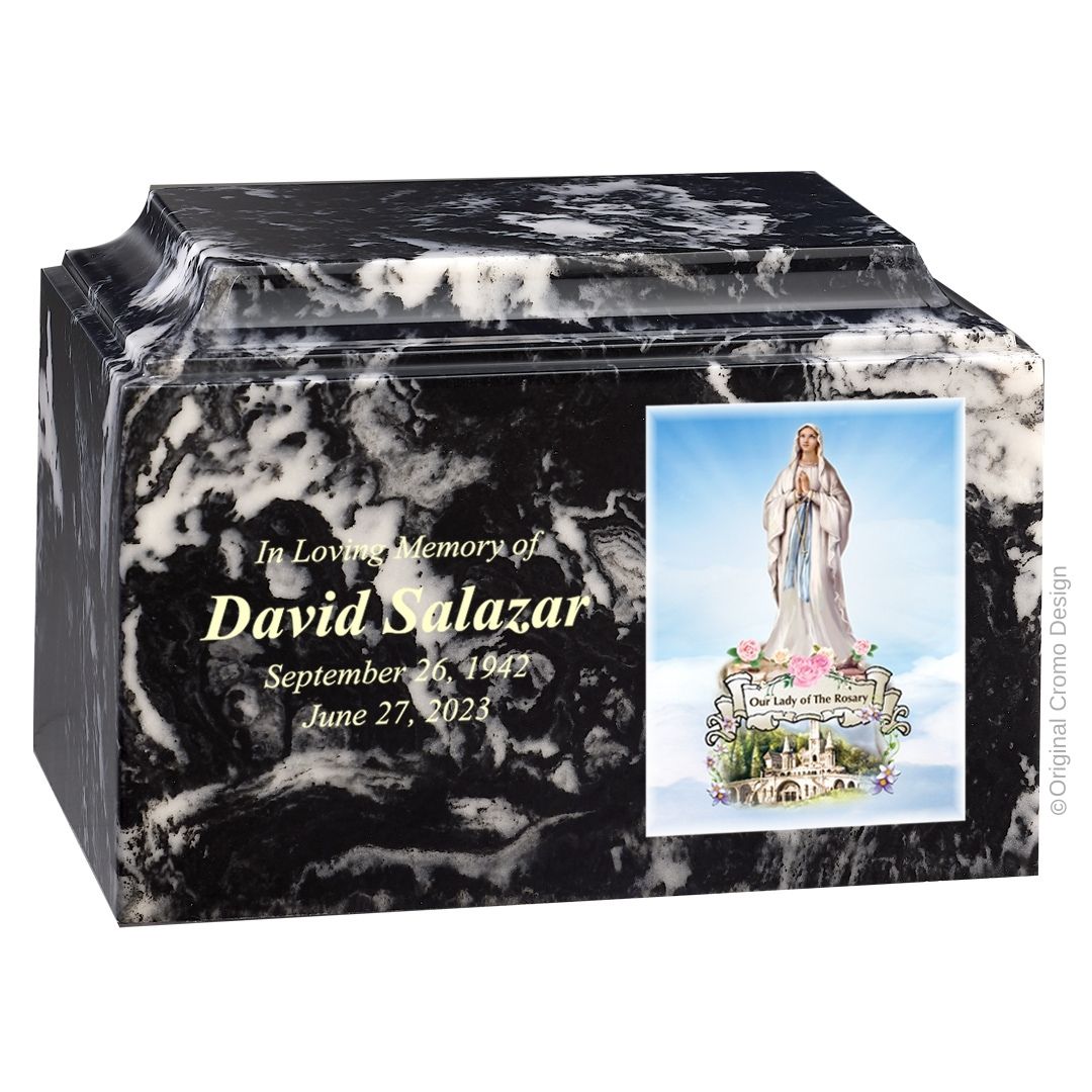 Catholic cremation urn with Our Lady of the Rosary  Wood finish by Cromo NB