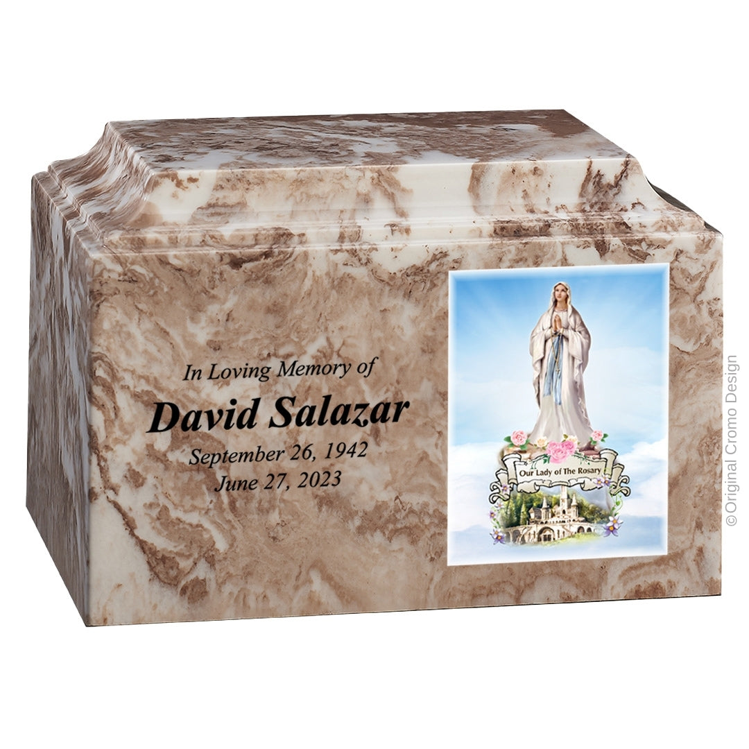 Catholic cremation urn with Our Lady of the Rosary  Wood finish by Cromo NB