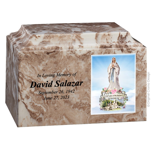 Catholic cremation urn with Our Lady of the Rosary  Wood finish by Cromo NB