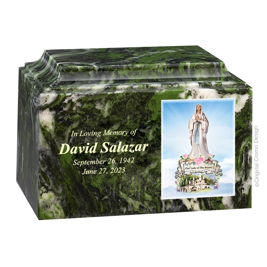 Catholic cremation urn with Our Lady of the Rosary  Wood finish by Cromo NB