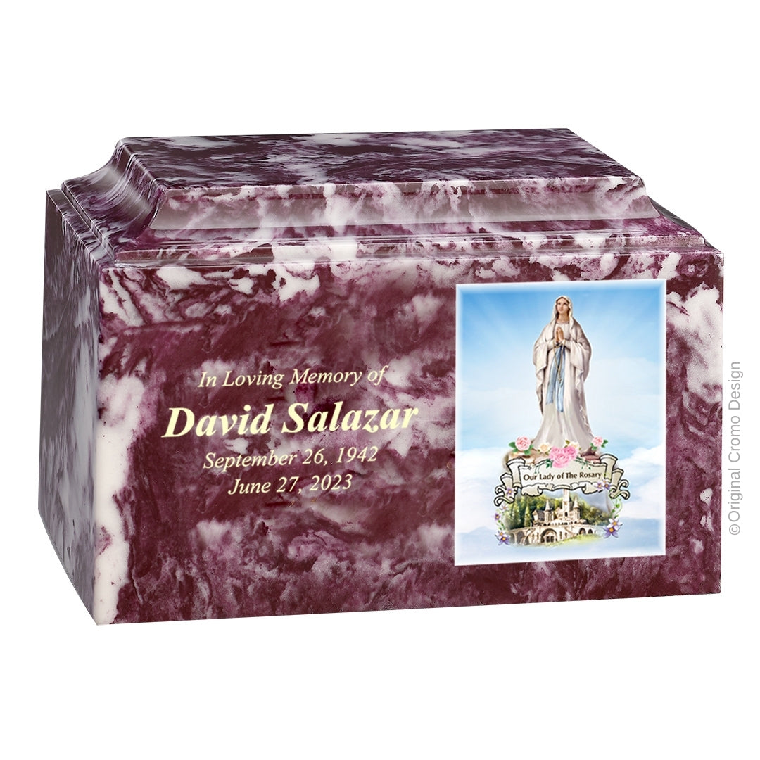 Catholic cremation urn with Our Lady of the Rosary  Wood finish by Cromo NB