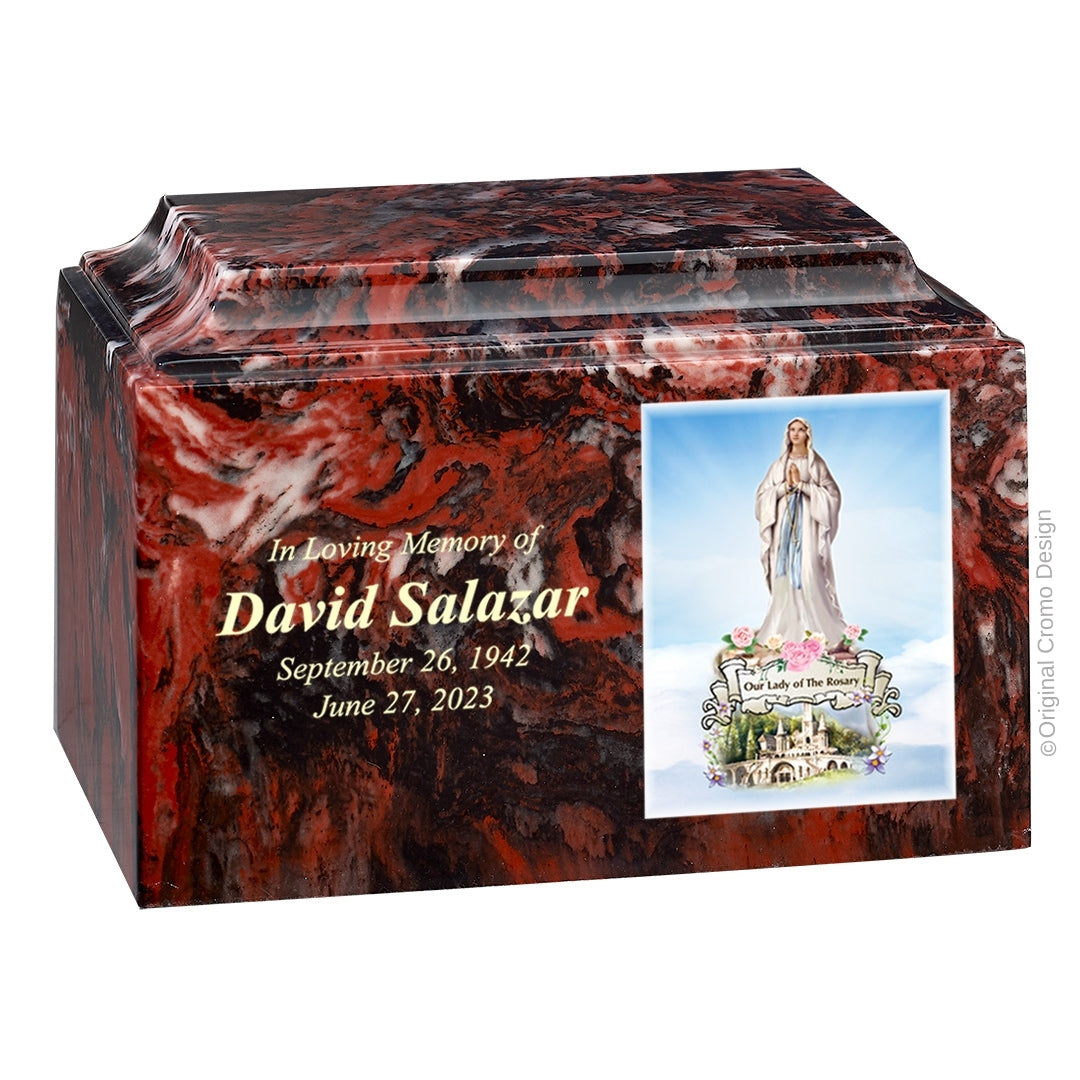 Catholic cremation urn with Our Lady of the Rosary  Wood finish by Cromo NB