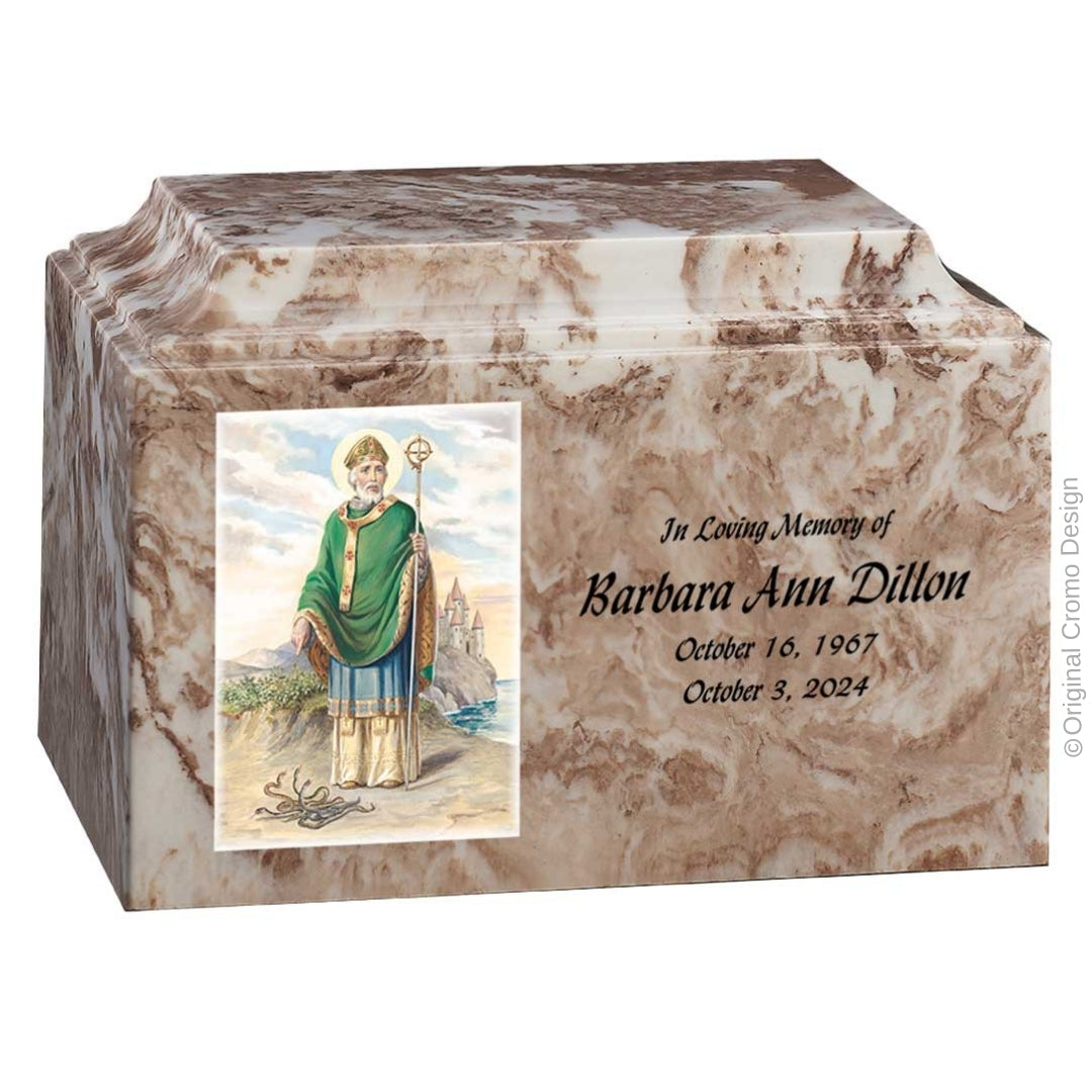 Catholic cremation urn with Saint Patrick  Wood finish by Cromo NB