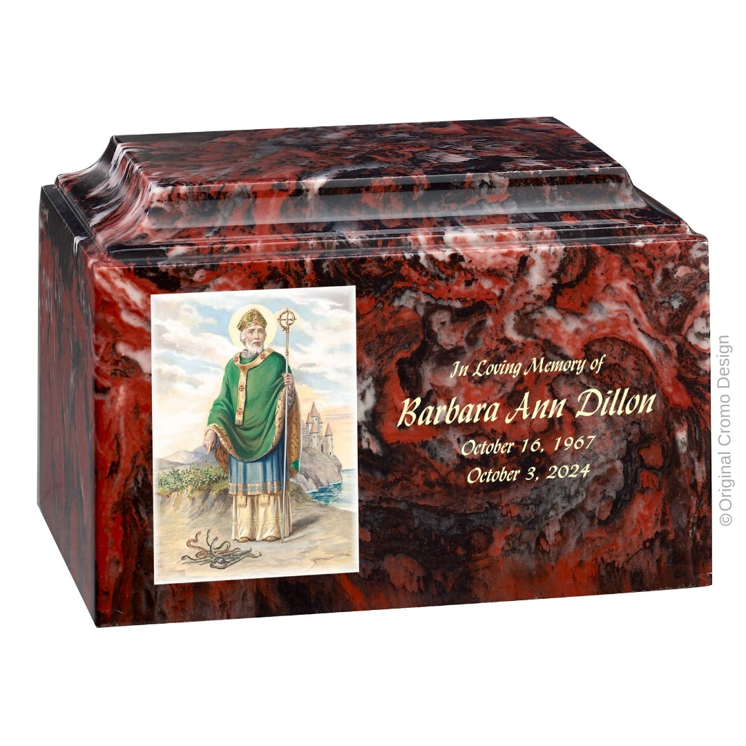 Catholic cremation urn with Saint Patrick  Wood finish by Cromo NB