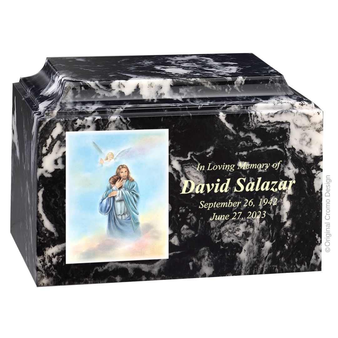 Catholic cremation urn with Paradise Jesus Hugging  Wood finish by Cromo NB