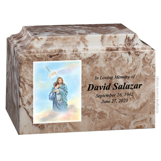 Catholic cremation urn with Paradise Jesus Hugging  Wood finish by Cromo NB
