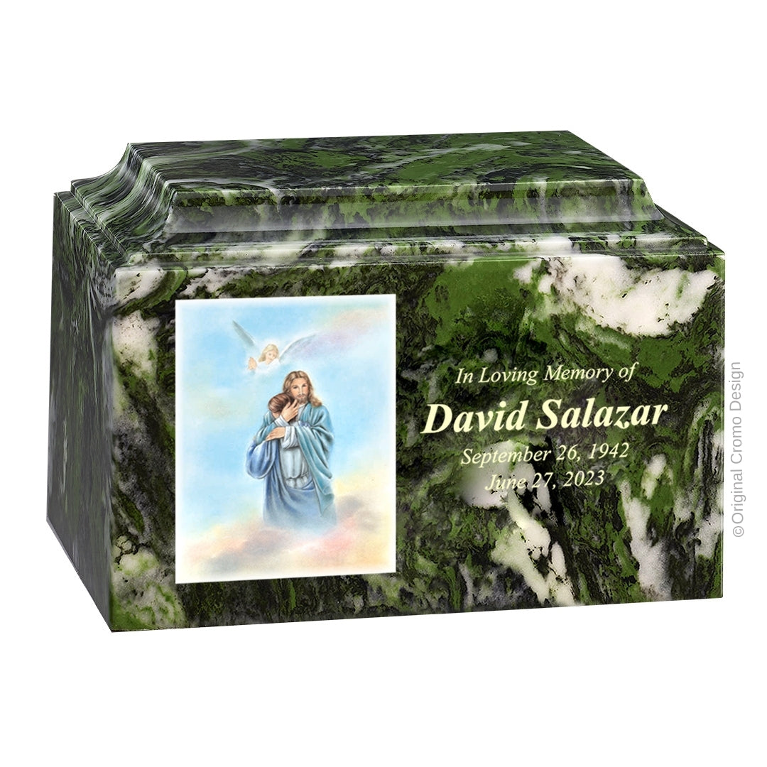 Catholic cremation urn with Paradise Jesus Hugging  Wood finish by Cromo NB