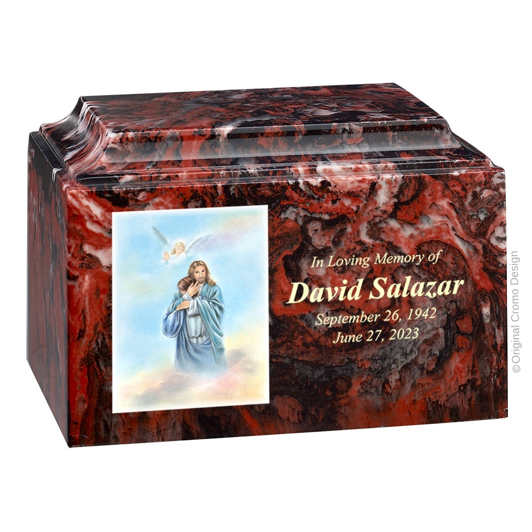 Catholic cremation urn with Paradise Jesus Hugging  Wood finish by Cromo NB