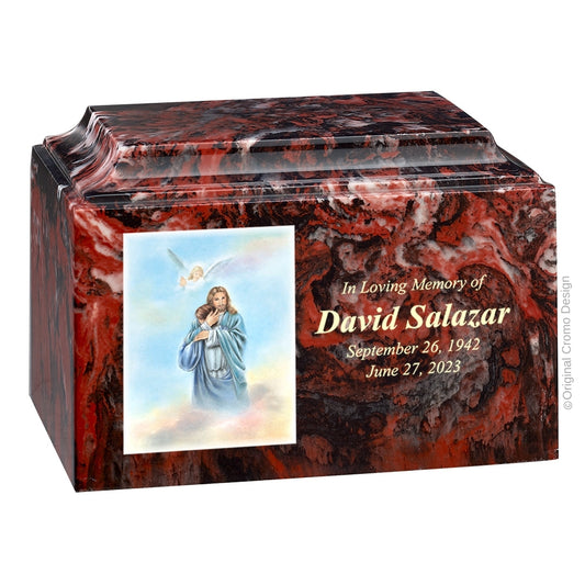 Catholic cremation urn with Paradise Jesus Hugging  Wood finish by Cromo NB