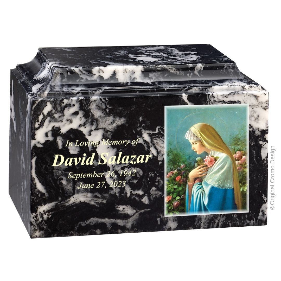 Catholic cremation urn with Mystical Rose  Wood finish by Cromo NB