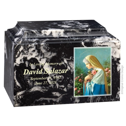 Catholic cremation urn with Mystical Rose  Wood finish by Cromo NB