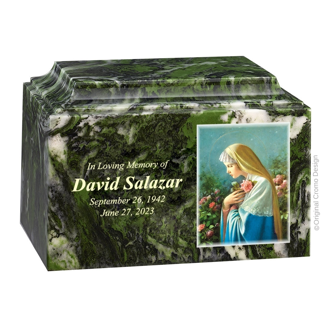 Catholic cremation urn with Mystical Rose  Wood finish by Cromo NB