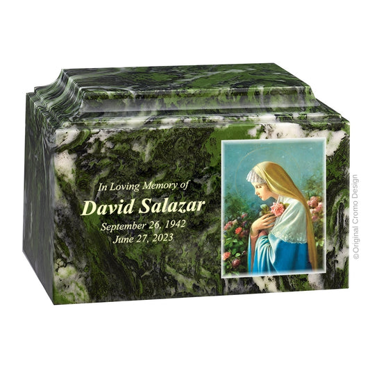 Catholic cremation urn with Mystical Rose  Wood finish by Cromo NB