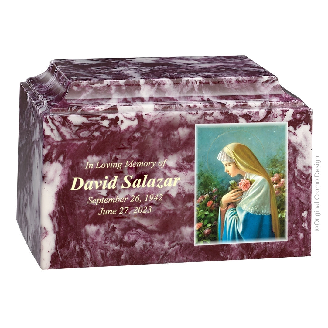 Catholic cremation urn with Mystical Rose  Wood finish by Cromo NB