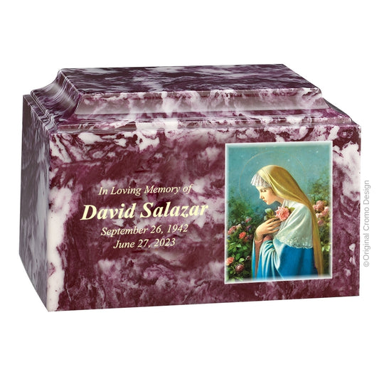 Catholic cremation urn with Mystical Rose  Wood finish by Cromo NB